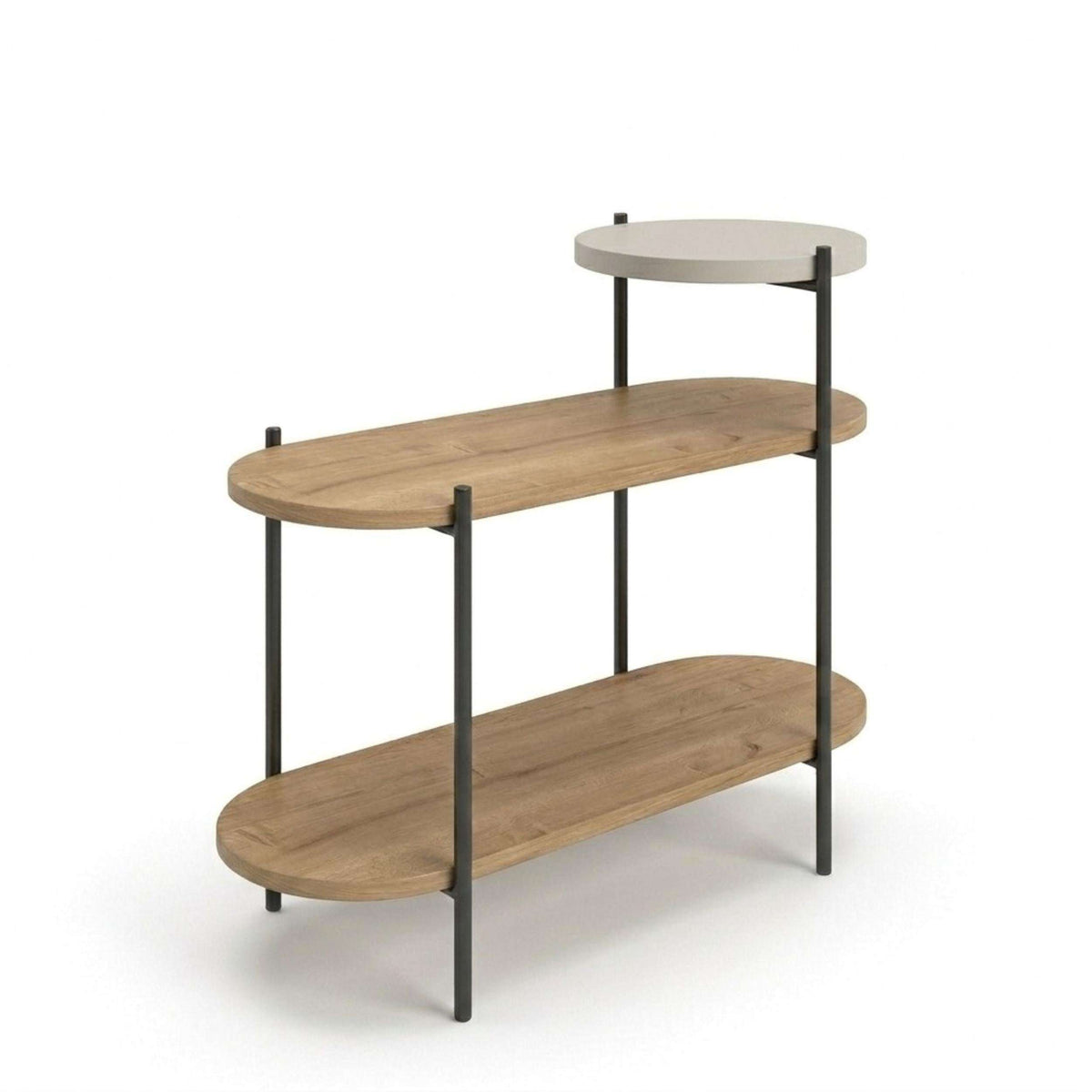 Oak-toned 3-tier side table with round shelves and dark metal frame