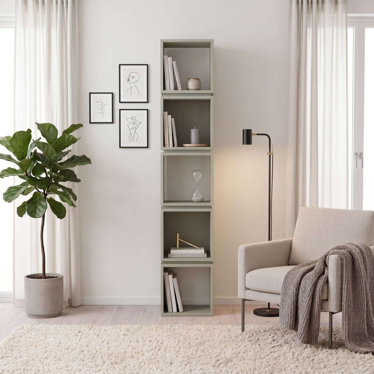 Tall bookcase display unit in light gray with open cubby shelves