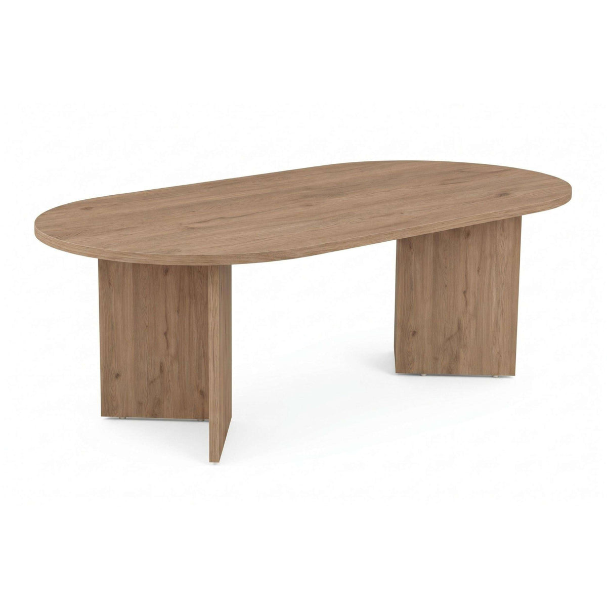 Oak oval coffee table with smooth rounded edge and short angled legs.