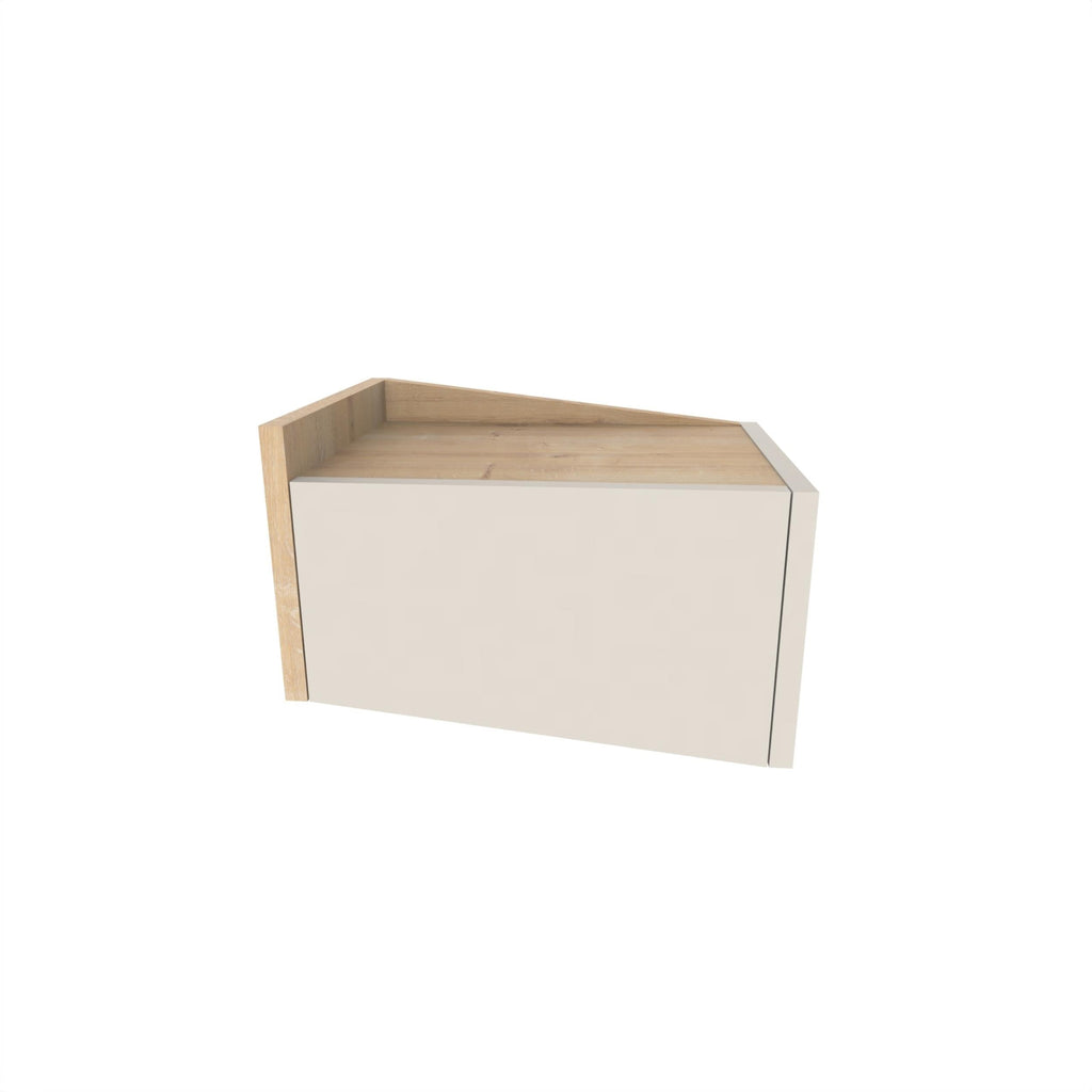 Floating bedside table with open top shelf, white side panels and light wood interior