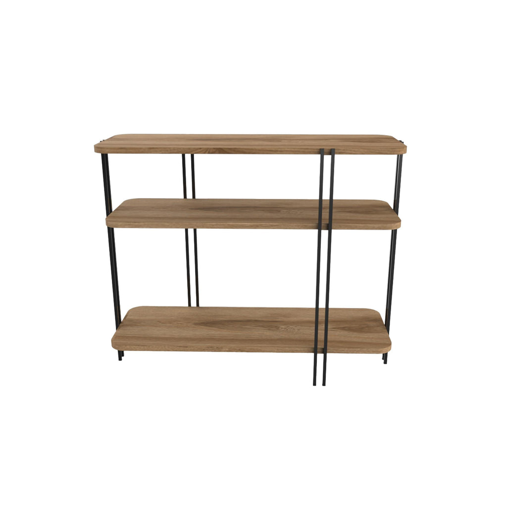 Console table with three shelves in oak with black metal legs