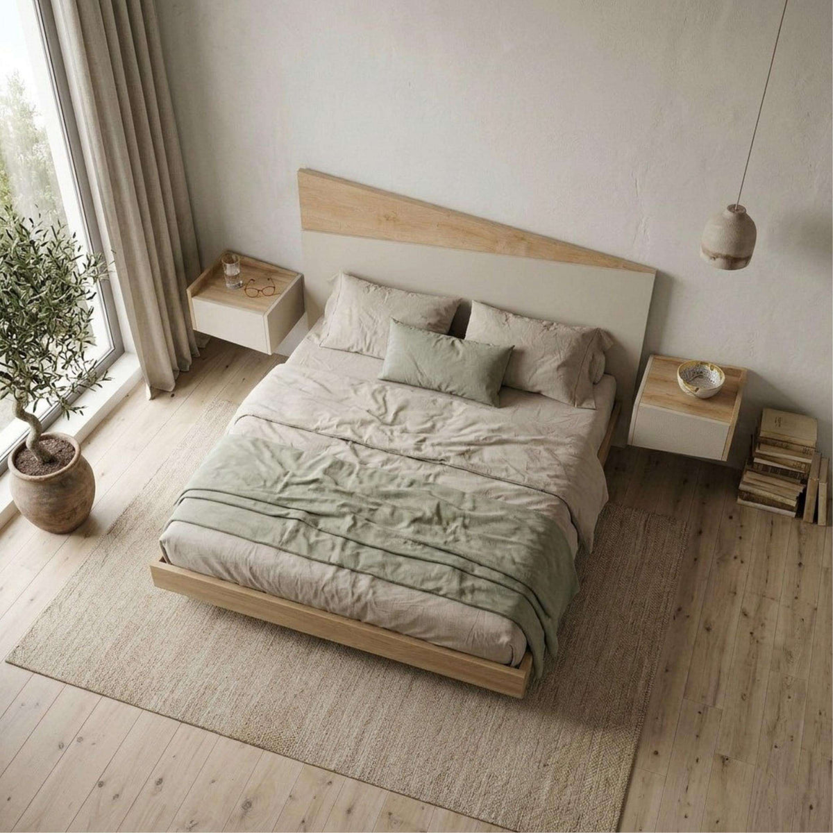 Wall-mounted headboard with light oak frame and sandstone panel behind bed