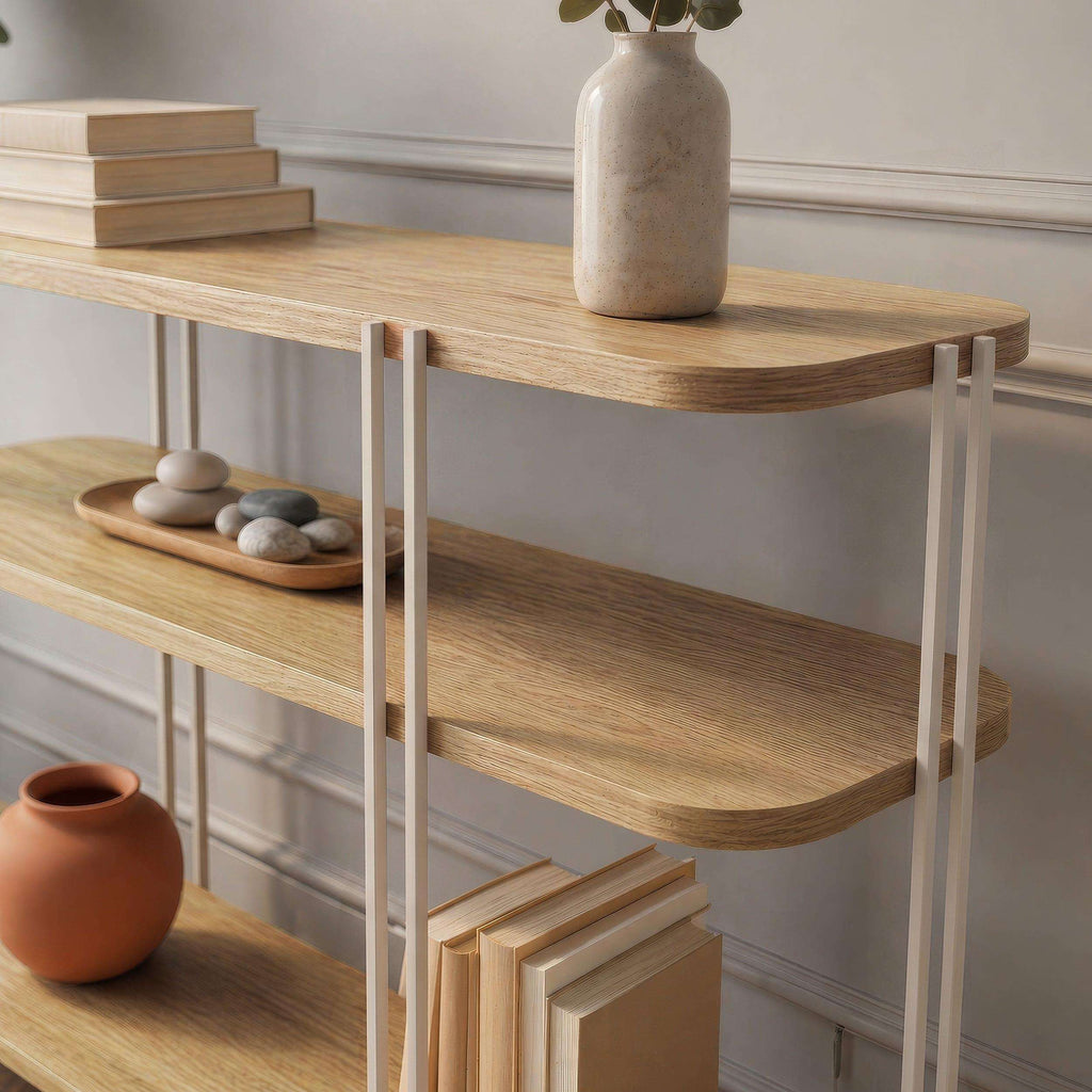 Oak console table with shelves, featuring a light metal frame and tabletop