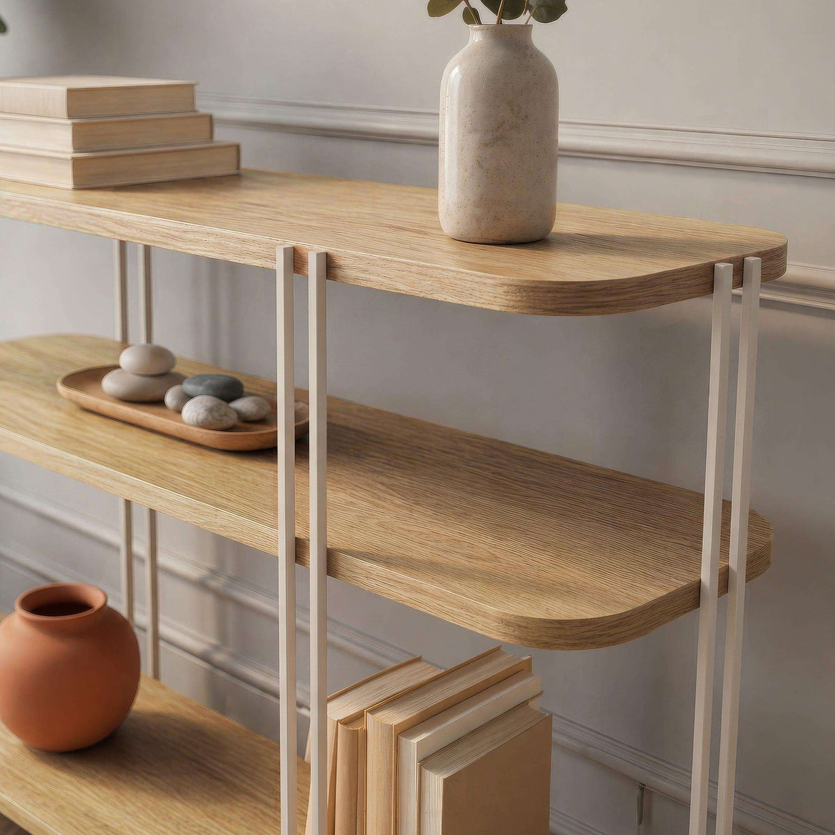 Oak console table with shelves, featuring a light metal frame and tabletop