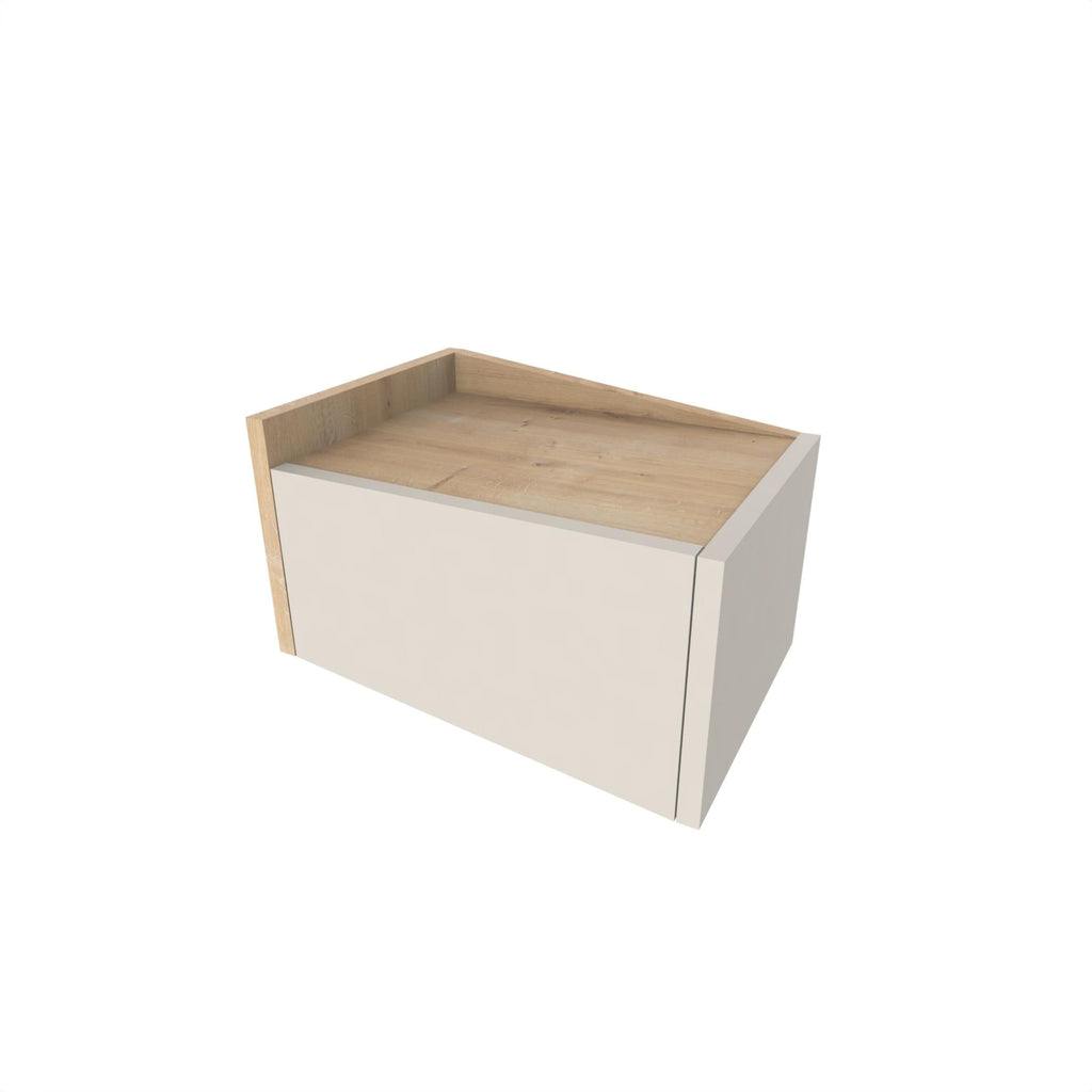 Floating bedside table with drawer front and open top shelf, white with light wood interior