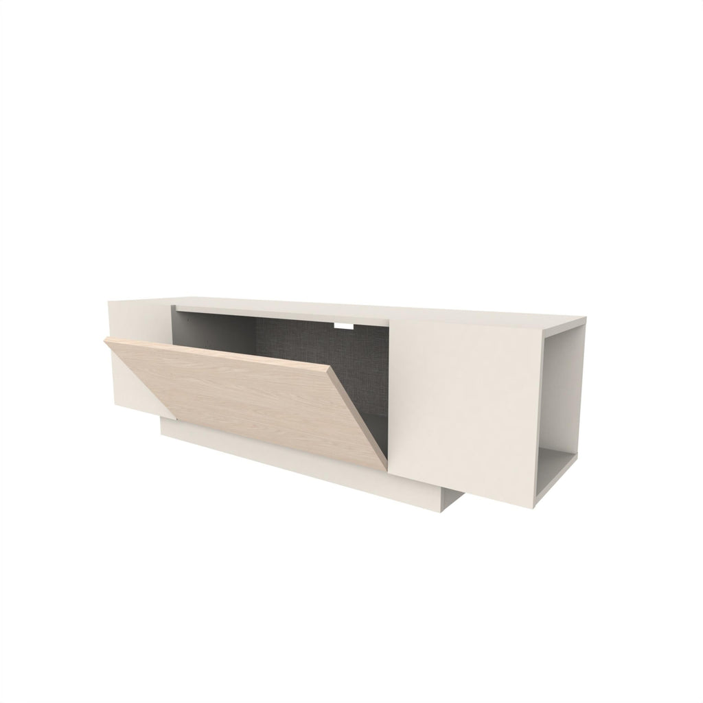 White TV console with oak drawer fronts and dark open storage cavity