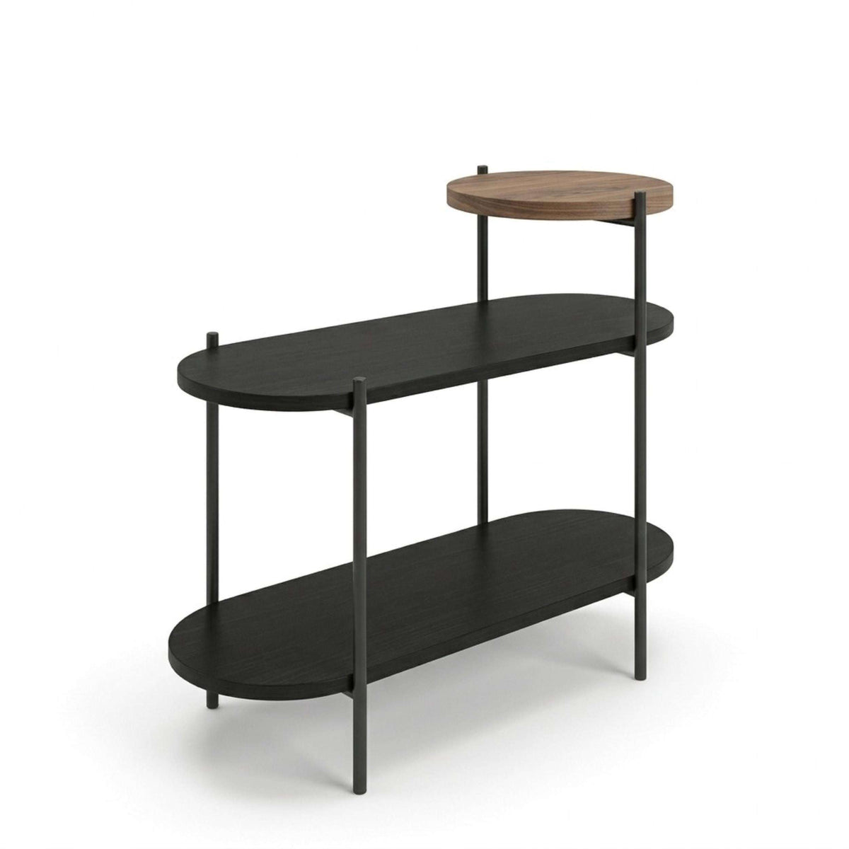 Black 3-tier side table with round top, two lower shelves, and dark metal legs