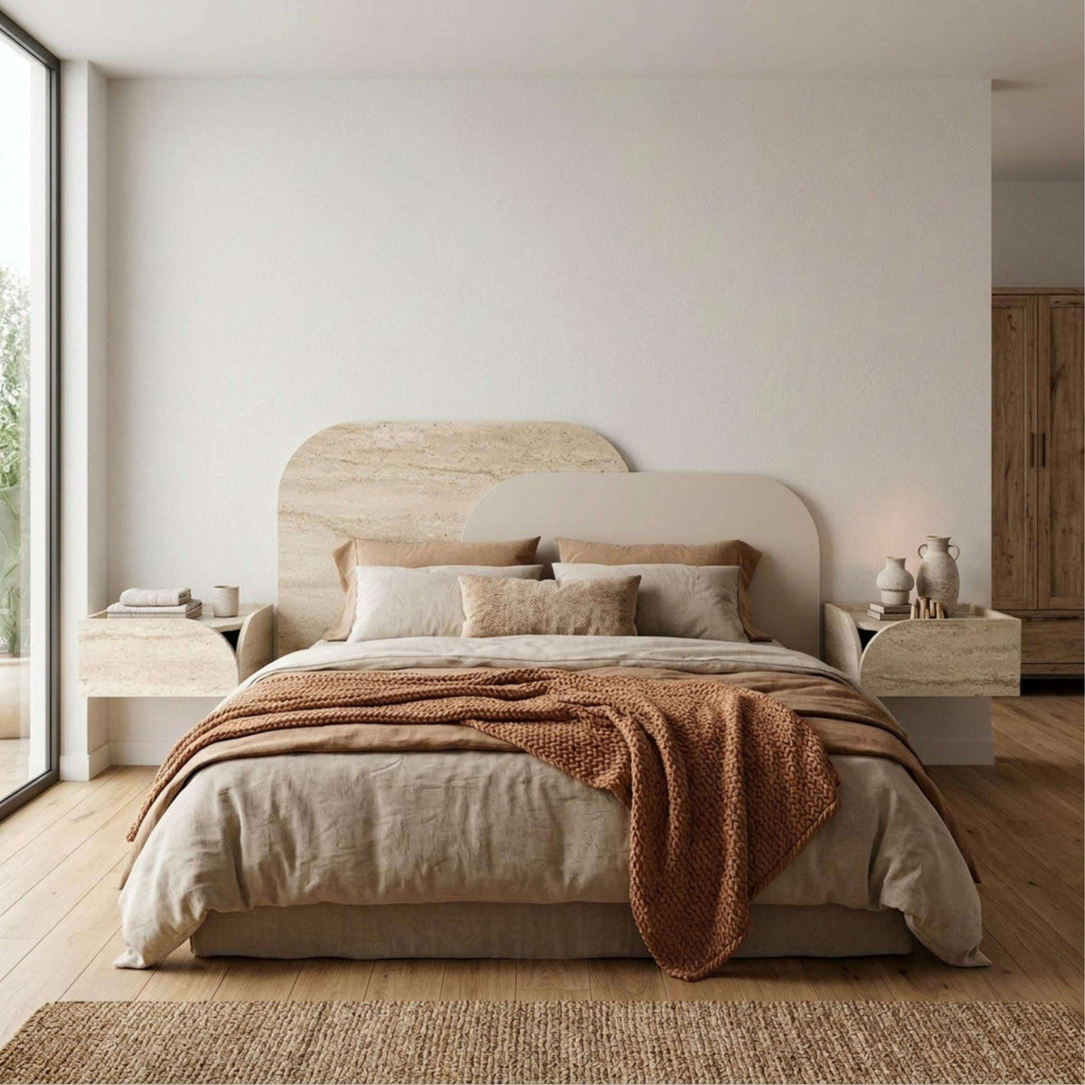 Curved stone-look wall headboard above king bed, light sandstone beige backrest