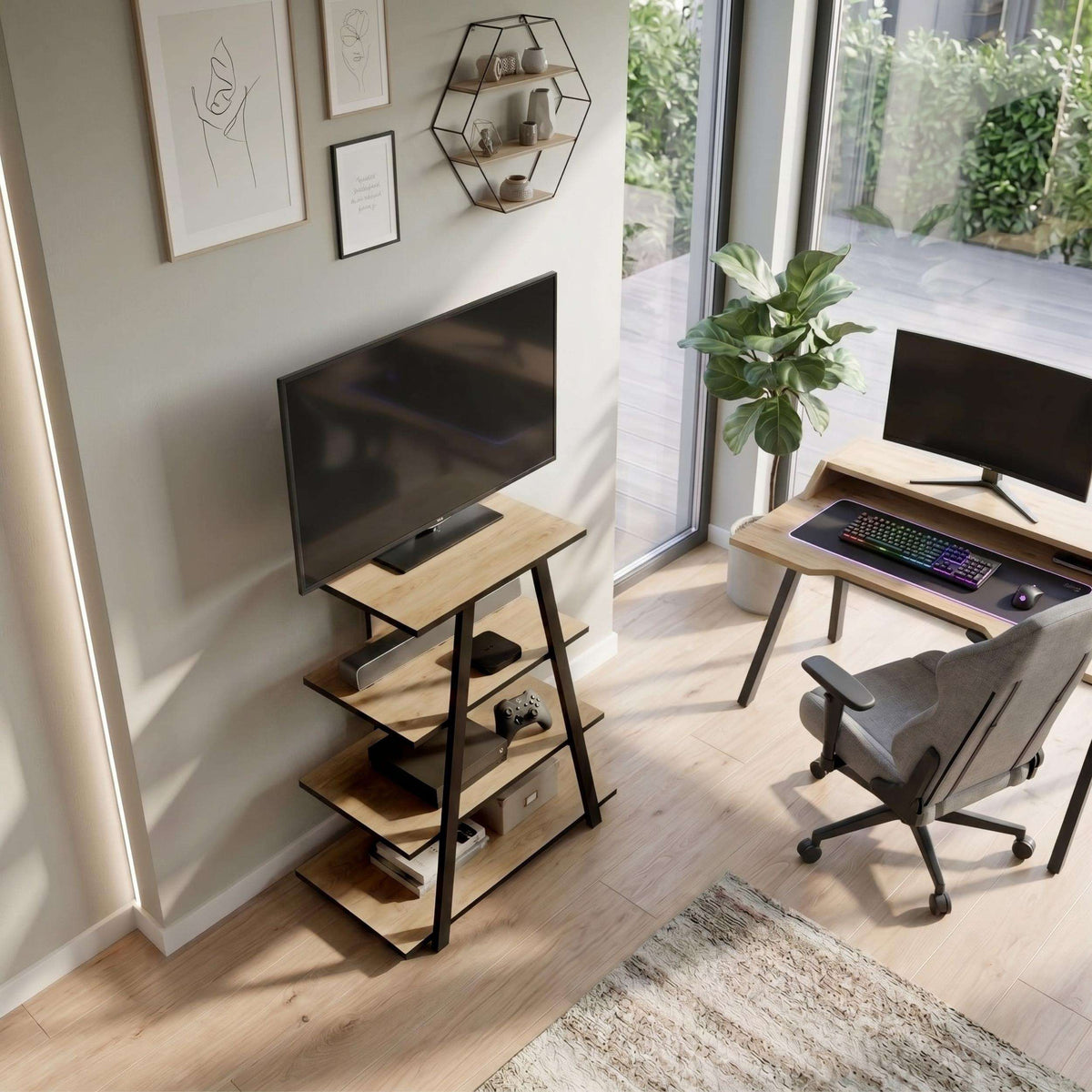 Angled mini TV unit with open shelves, black frame and light wood shelves