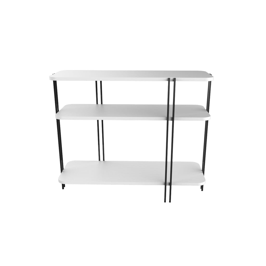 White console table with three shelves and black metal legs