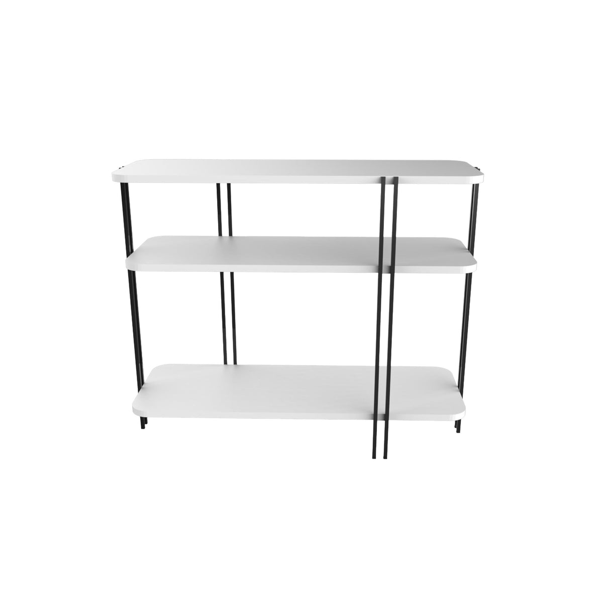 White console table with three shelves and black metal legs