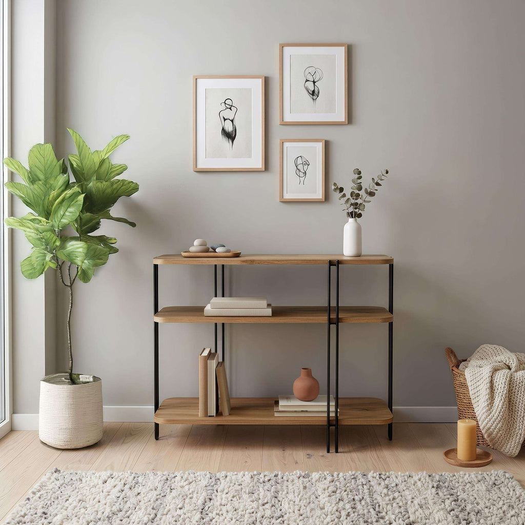 Wood console table with three shelves and black metal frame