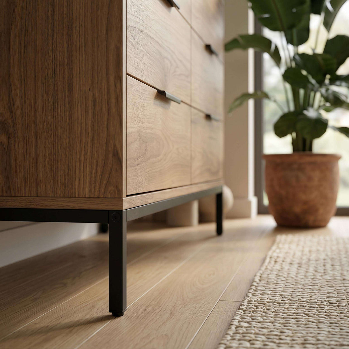 Side view of whiskey oak 6-drawer chest with dark handles and black legs