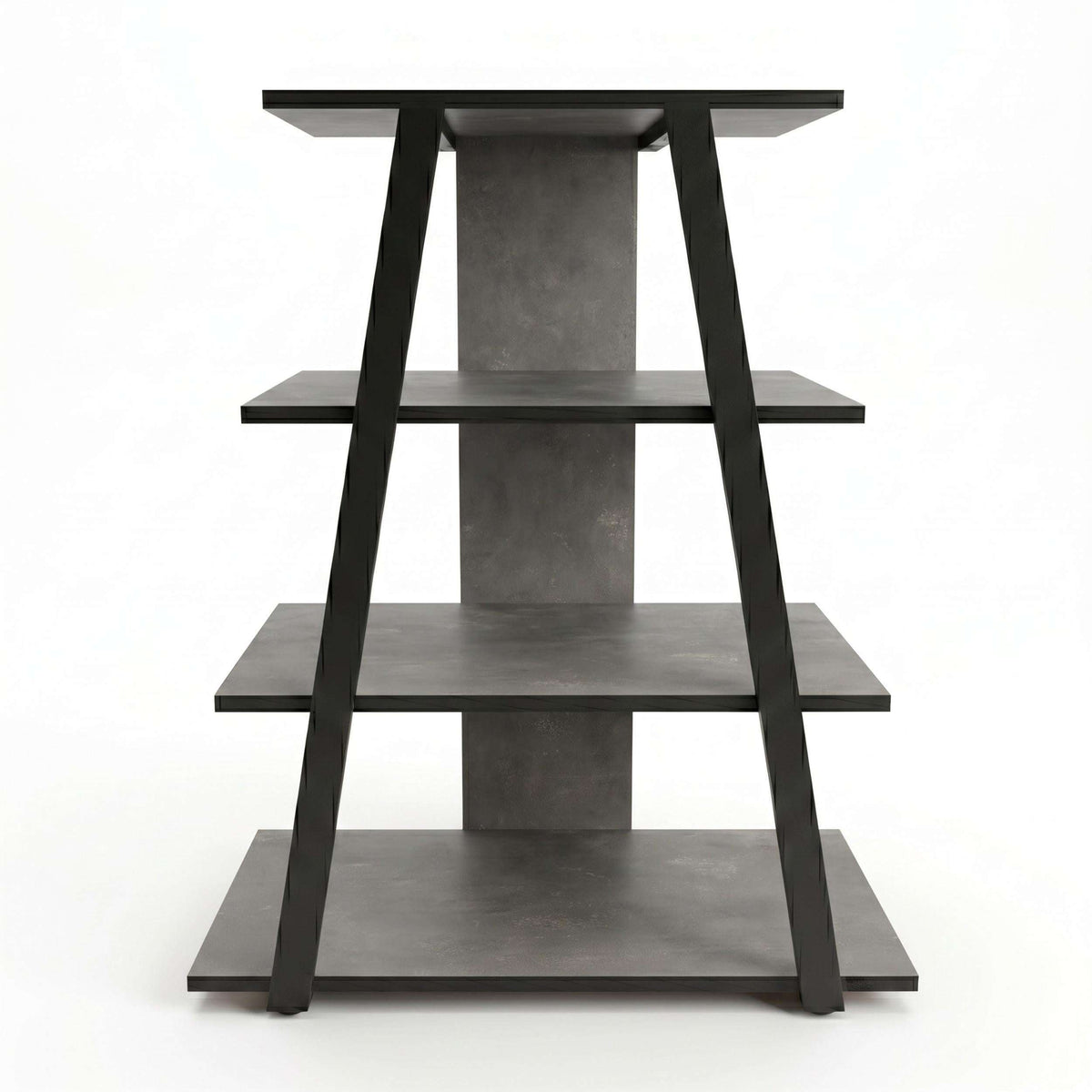 Angled mini TV entertainment unit with open shelves, dark gray concrete-look finish