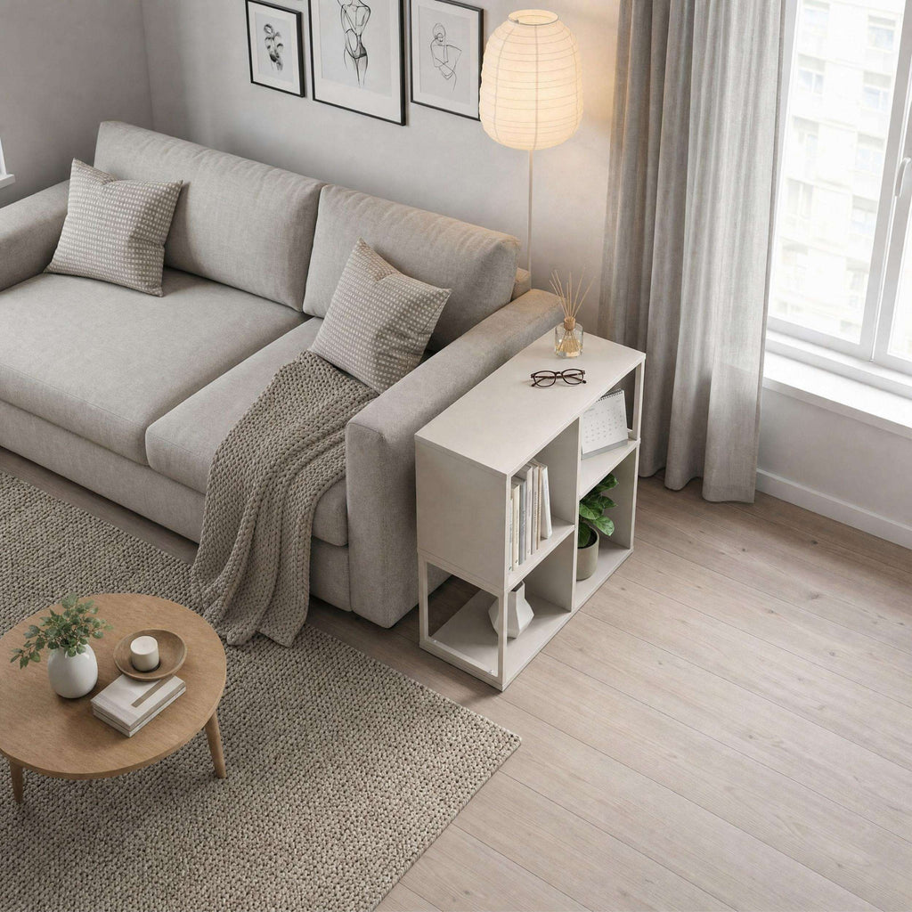 Light wood mini bookcase side table with open cubbies and book shelves
