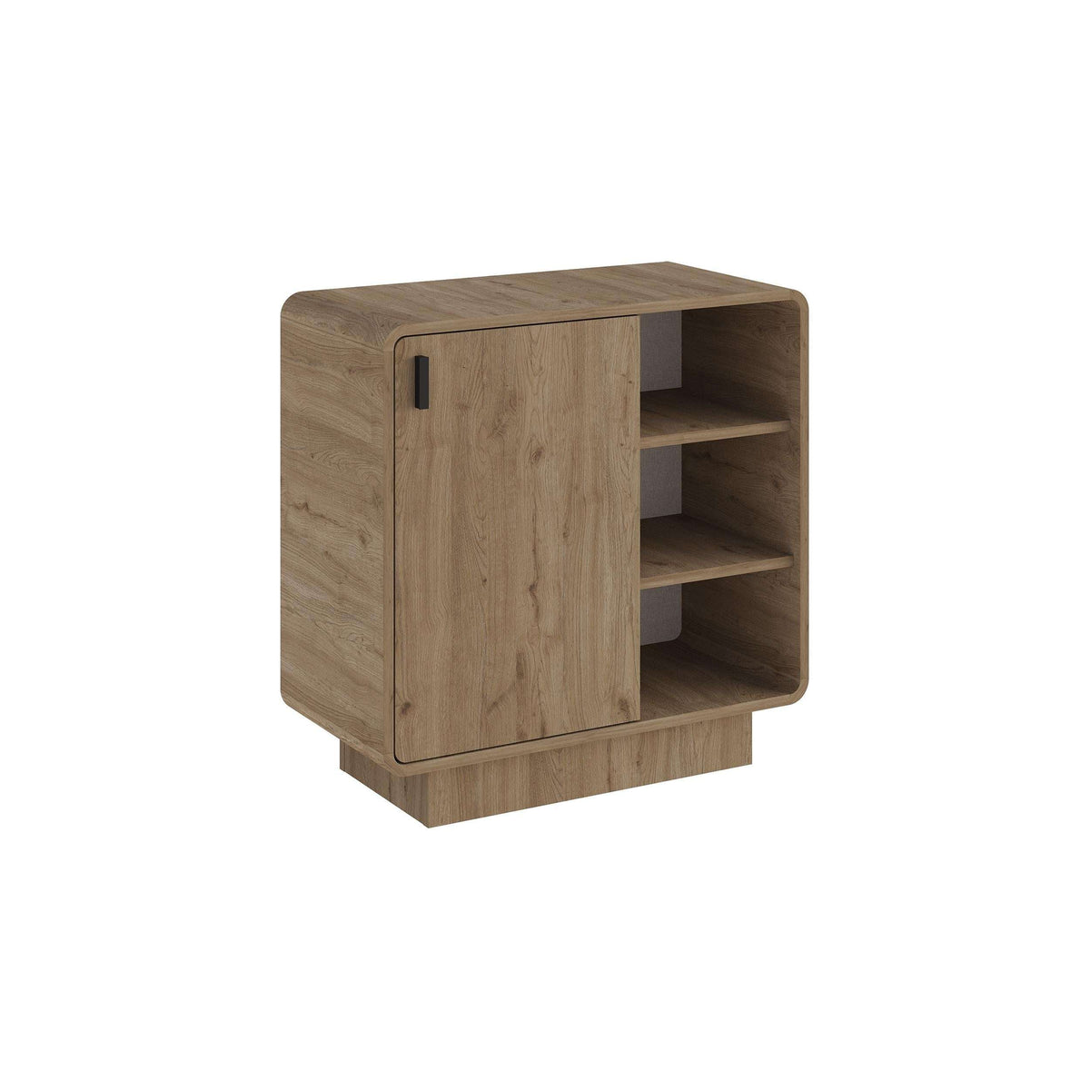 Natural oak sideboard cabinet with open shelving and single side door panel