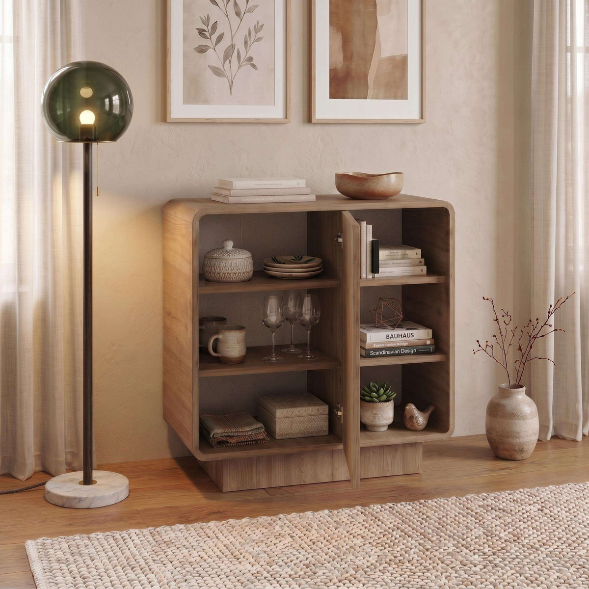 Natural oak sideboard cabinet with open shelves and two display levels