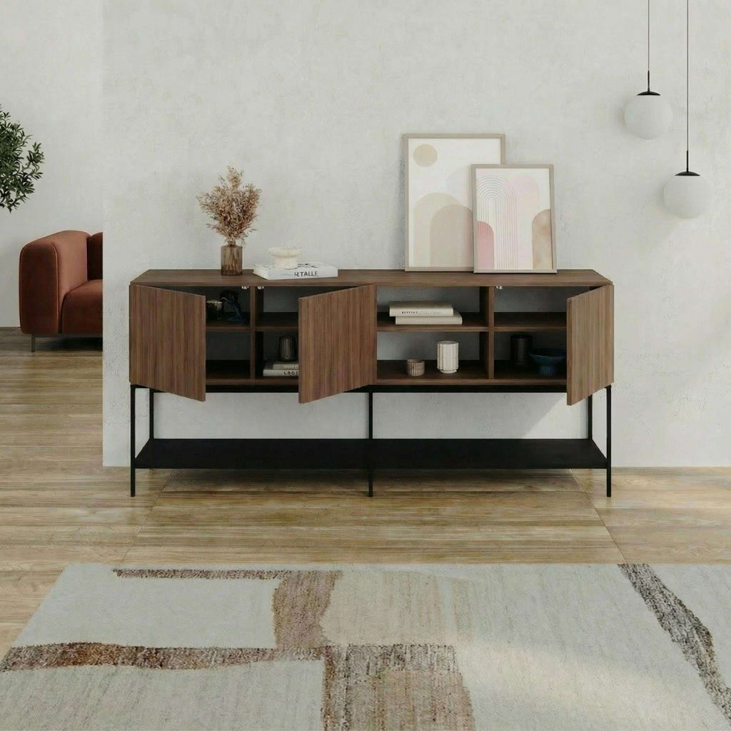 Modern sideboard console table with wood top, black frame, and open center storage.