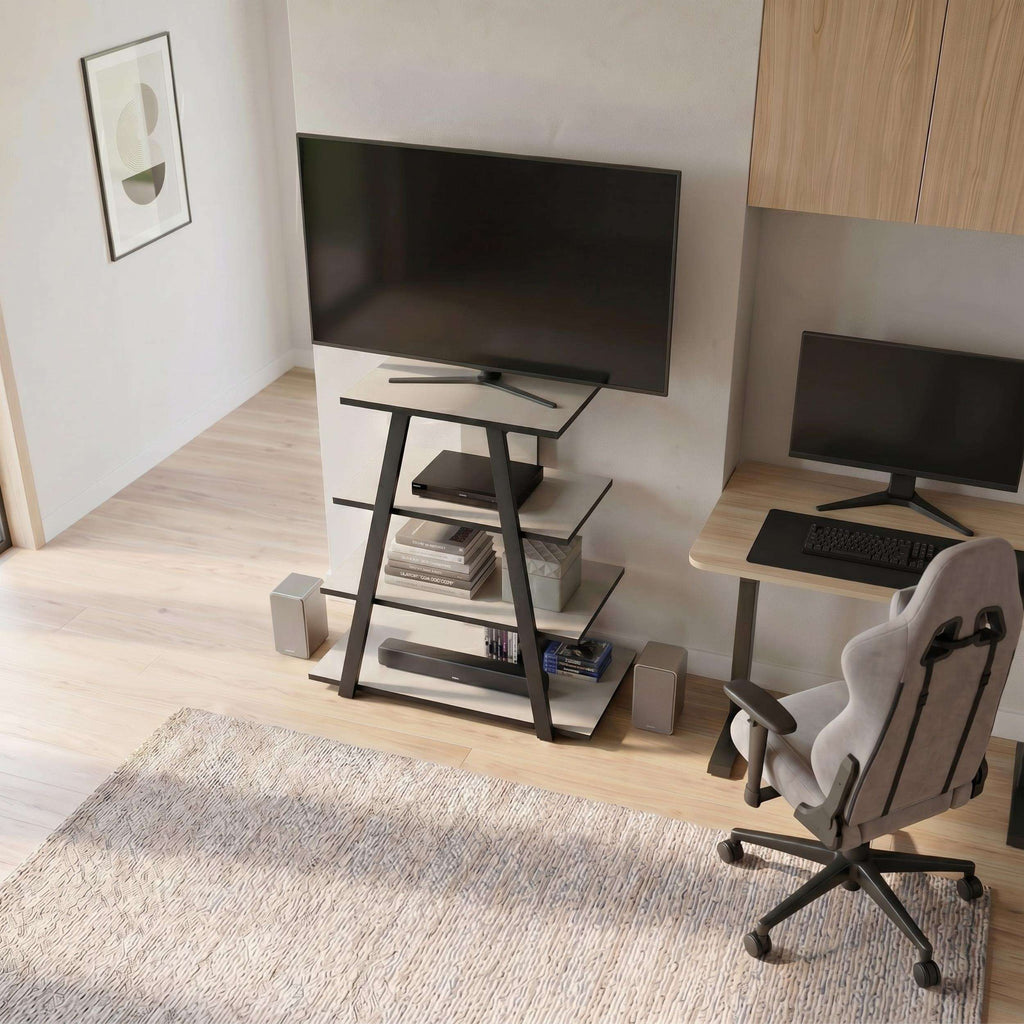 Angled mini TV unit with open shelves, black top and light wood side panels