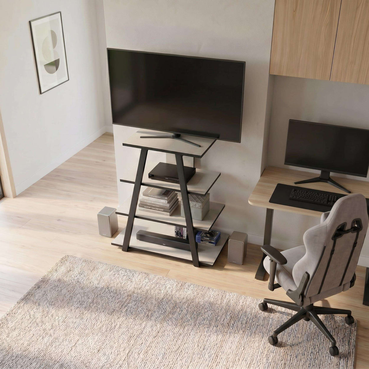 Angled mini TV unit with open shelves, black top and light wood side panels
