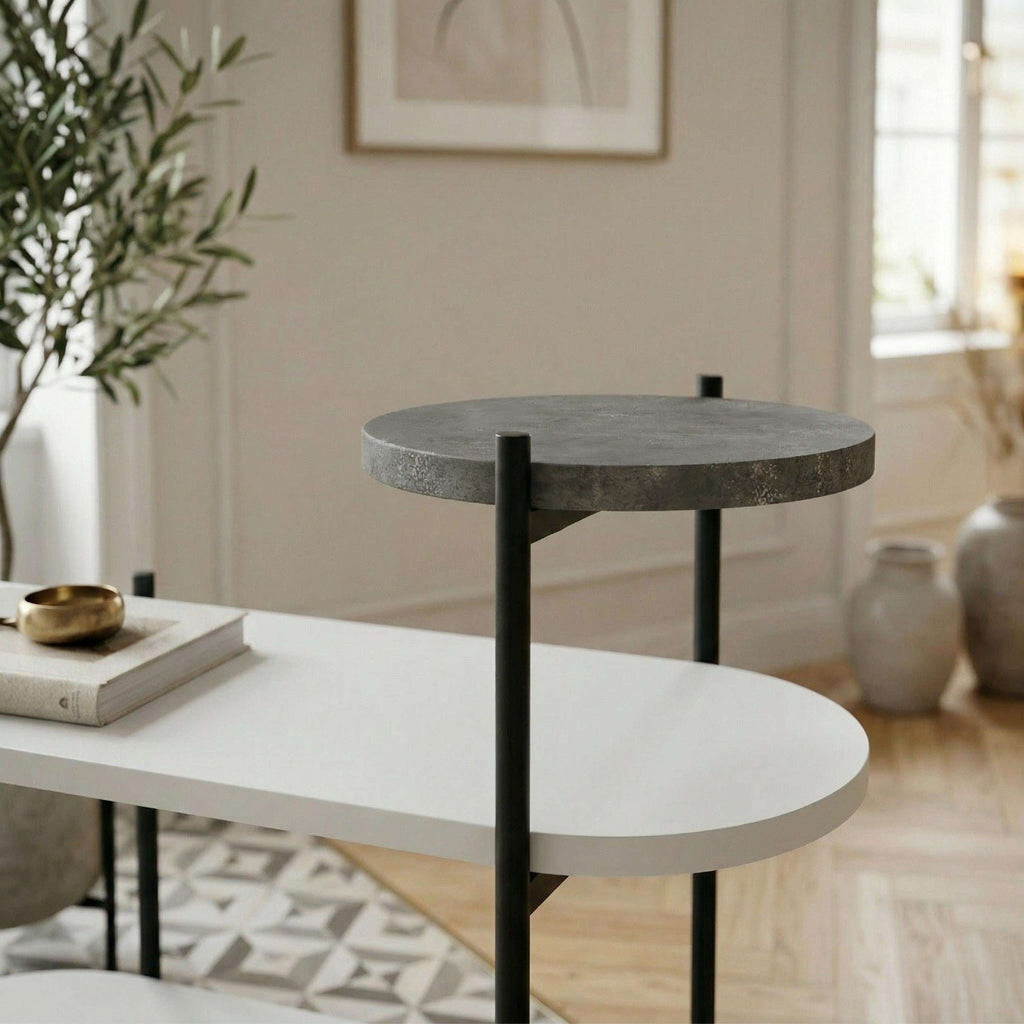 Dark stone 3-tier display side table with black metal legs and three round shelves