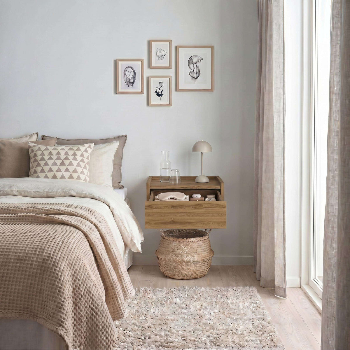 Floating bedside table with drawer and open top shelf, light wood finish