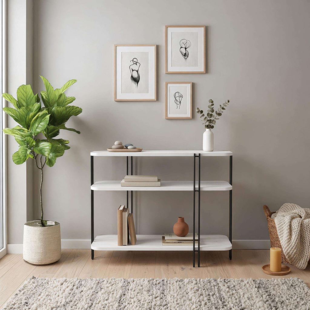 Front view white console table with three shelves and black metal frame