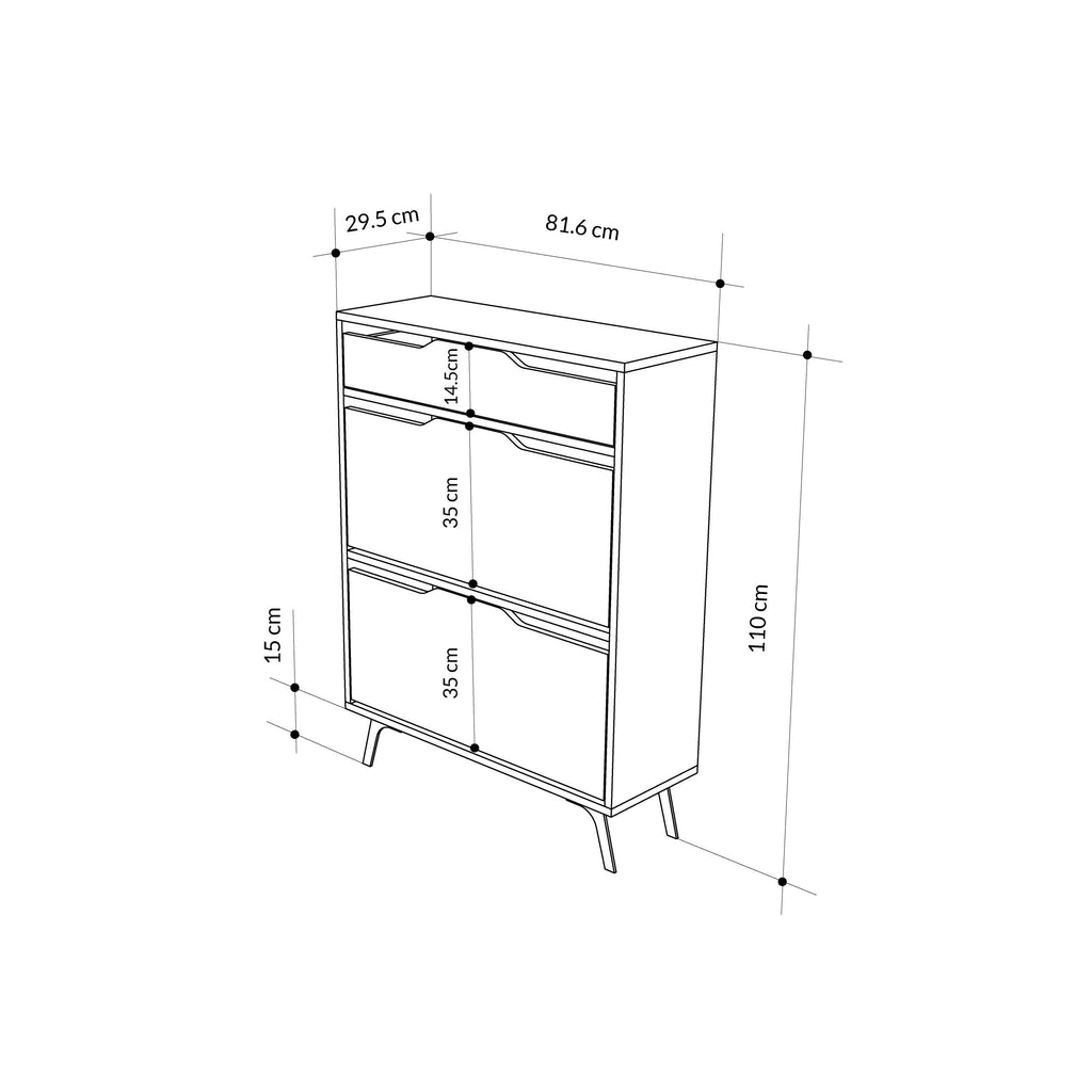 Shoe cabinet size diagram with width, height, and depth measurements