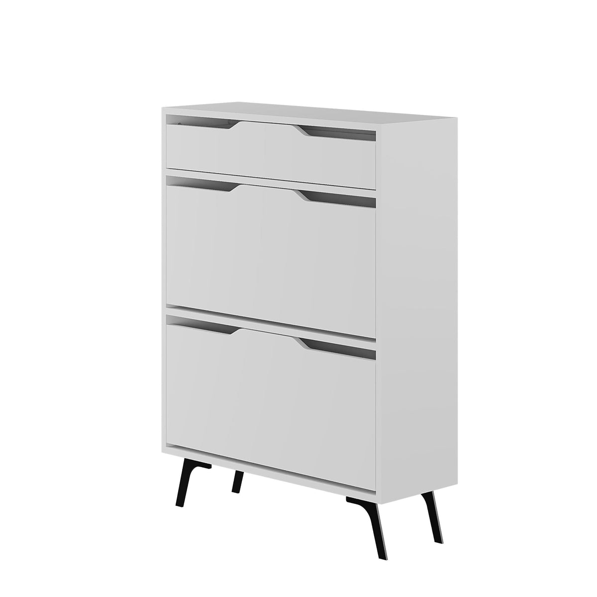 White shoe cabinet with two drawers and angled slatted accents, side/front view