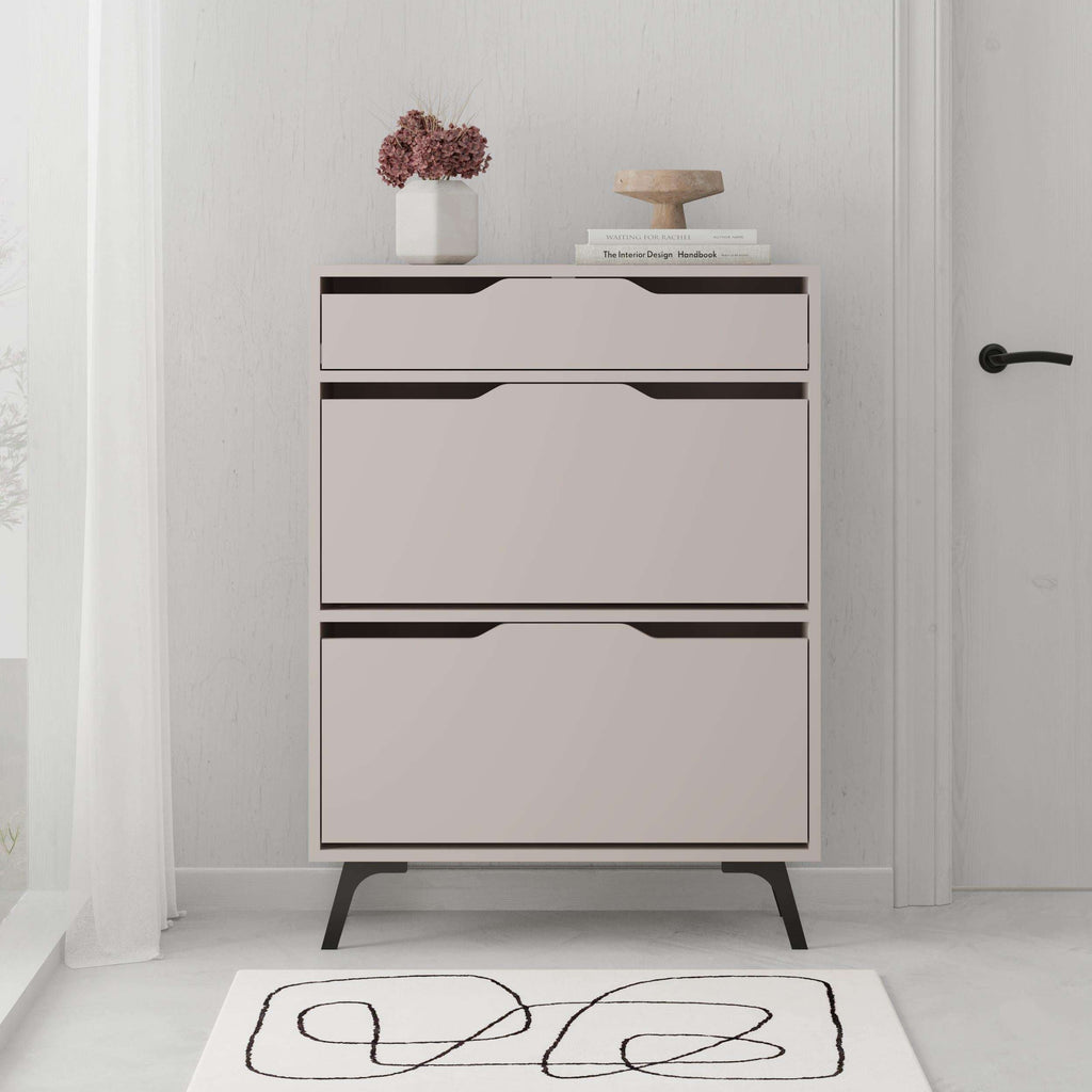 White shoe cabinet with two drawers and two hinged compartments, supported by black legs.
