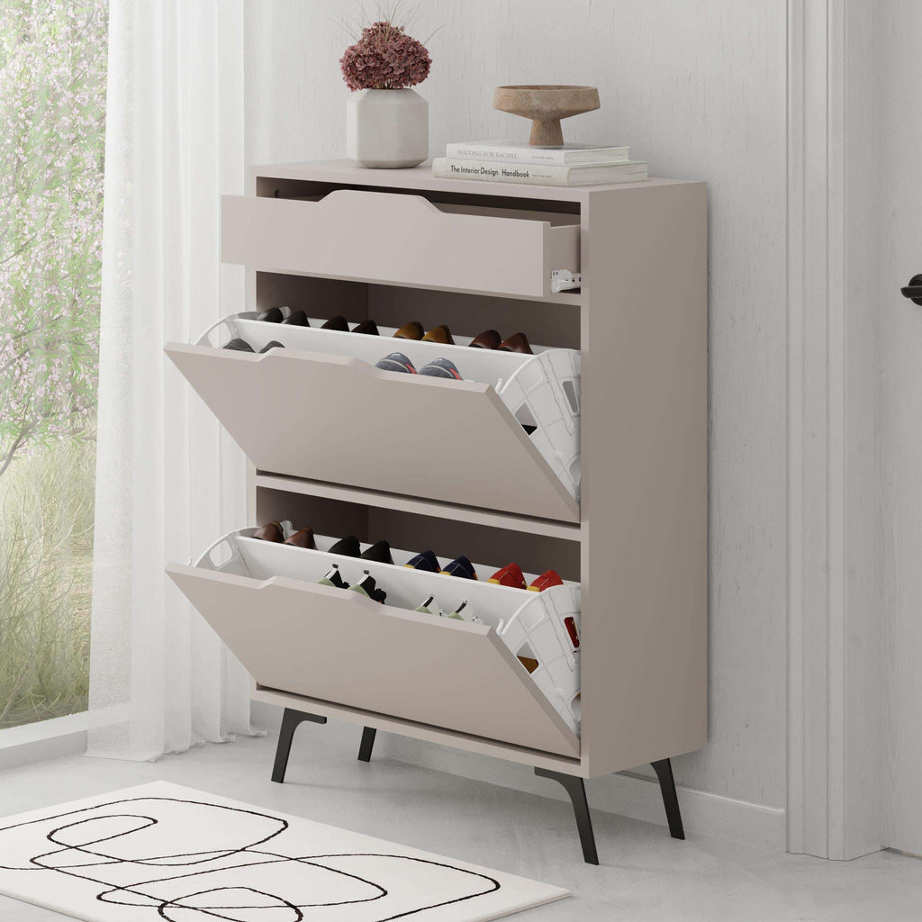 Light mocha shoe cabinet with two open pull-out shelves and stored shoes inside.