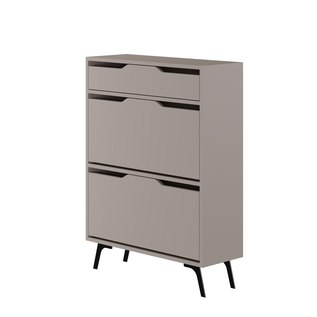 Light mocha modern shoe cabinet with two compartments and black angled legs.