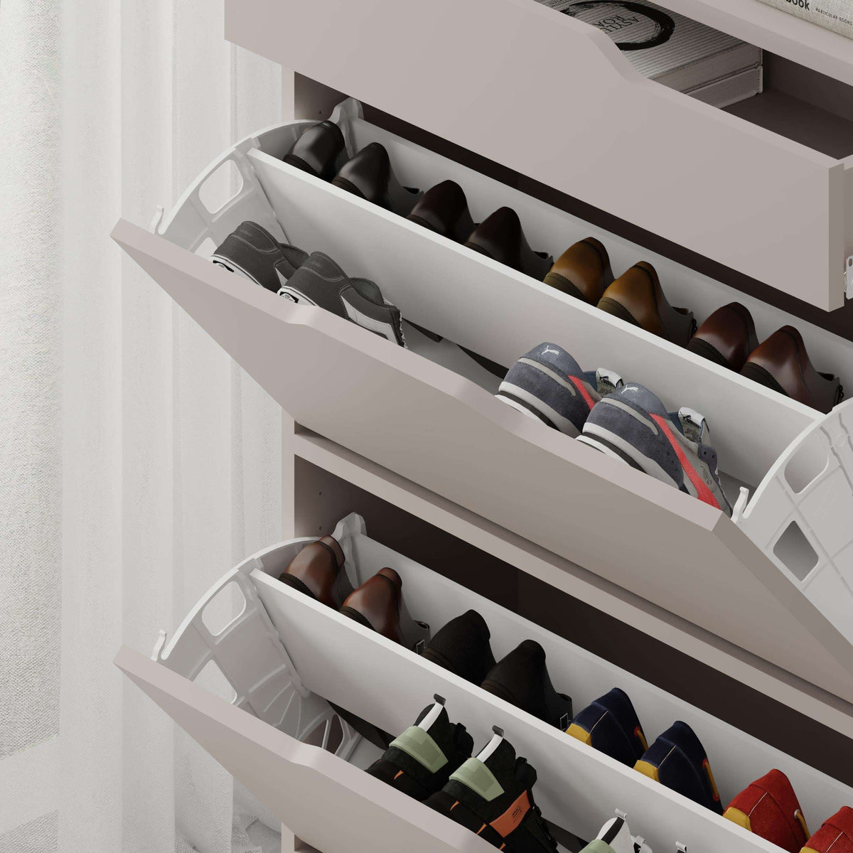 Light mocha shoe cabinet with pull-out shelves showing multiple pairs of shoes.