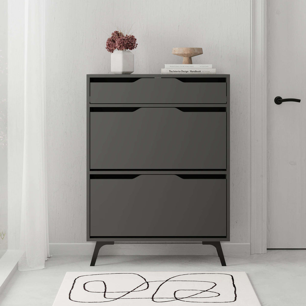 Anthracite shoe cabinet with two drawers and tapered legs, front view
