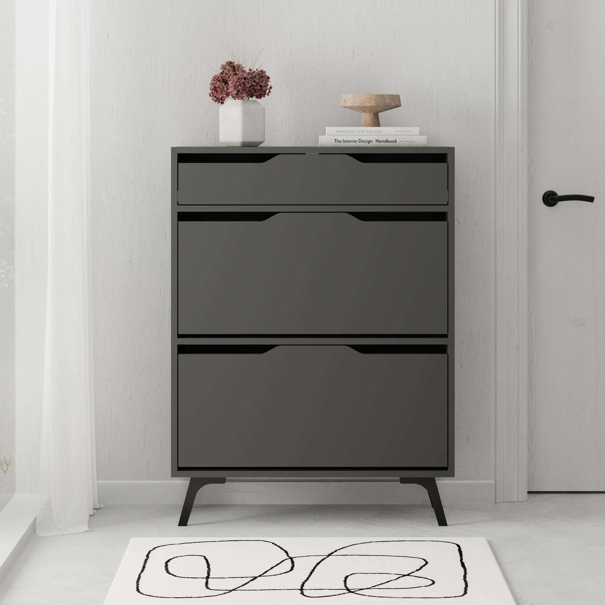 Anthracite shoe cabinet with two drawers and tapered legs, front view