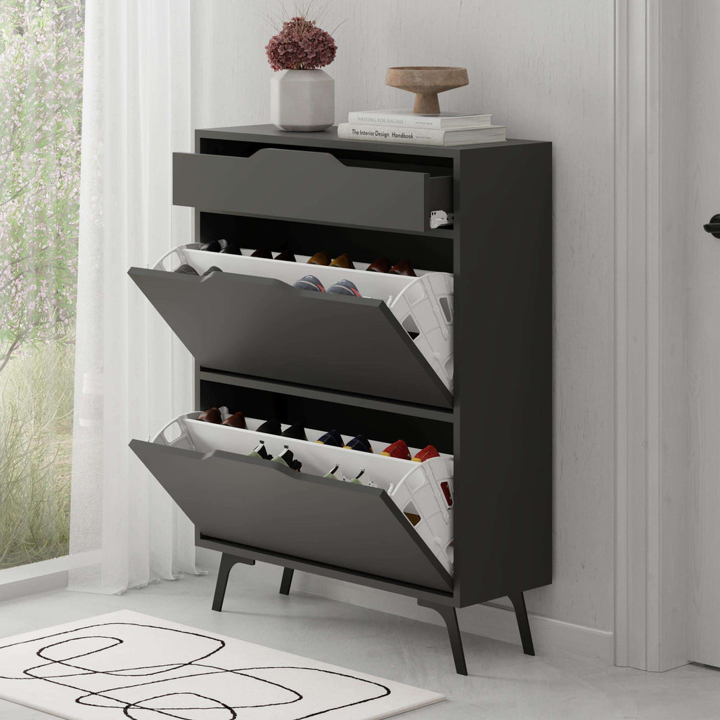 Anthracite shoe cabinet with three angled flip compartments for storing shoes