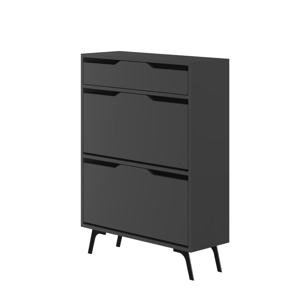 Anthracite shoe cabinet with two compartments, sleek panels, and black angled legs.