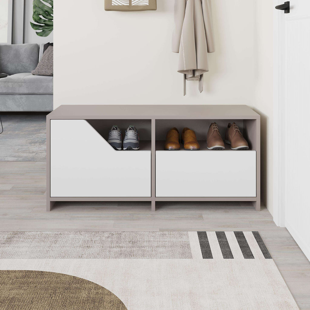 Shoe rack with two white drawers and visible shoe compartments, grey frame