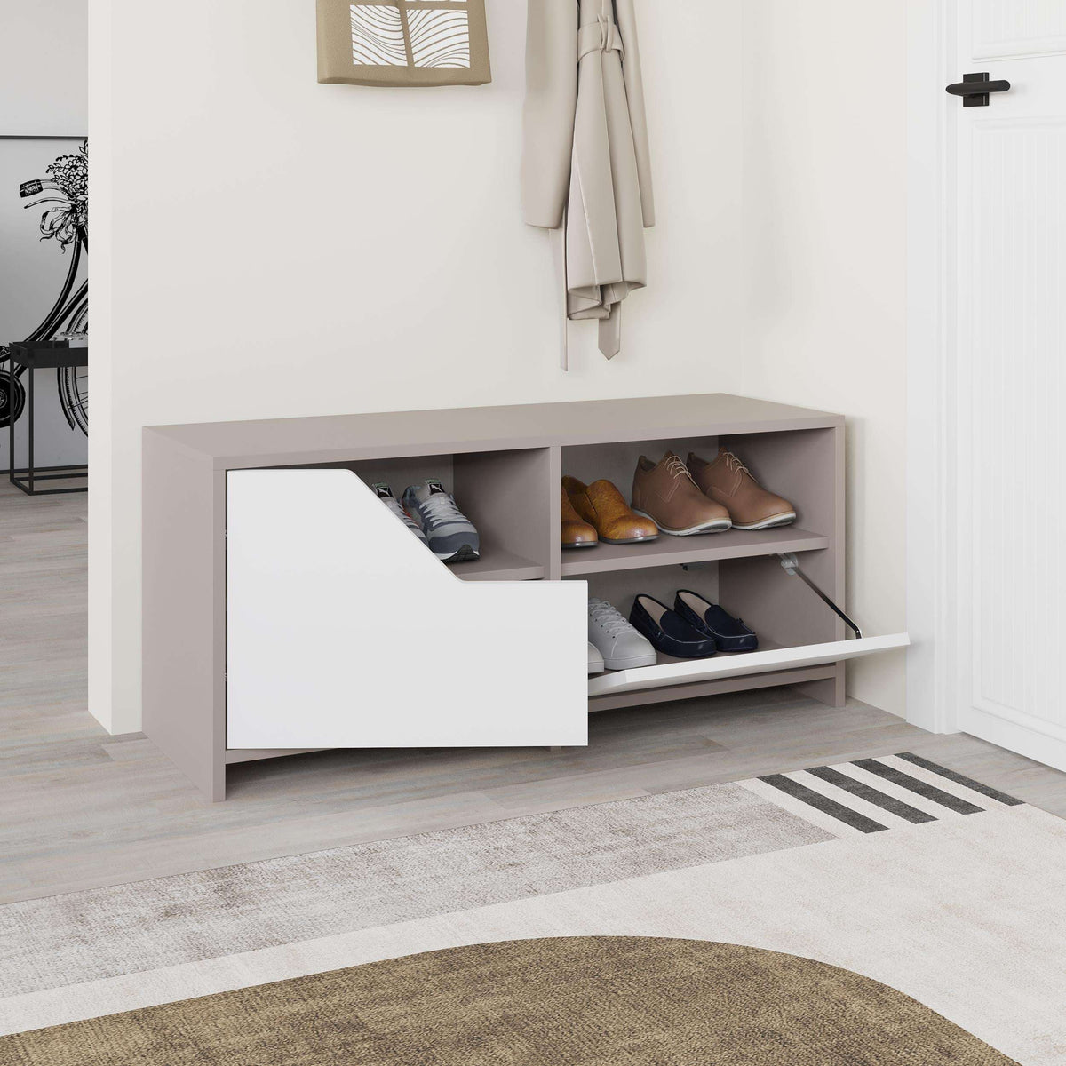 Shoe rack with open left drawer and two shoe cubbies, dark grey frame and white fronts