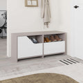 Shoe rack storage cabinet with two white drawers and open shoe cubbies, dark grey frame