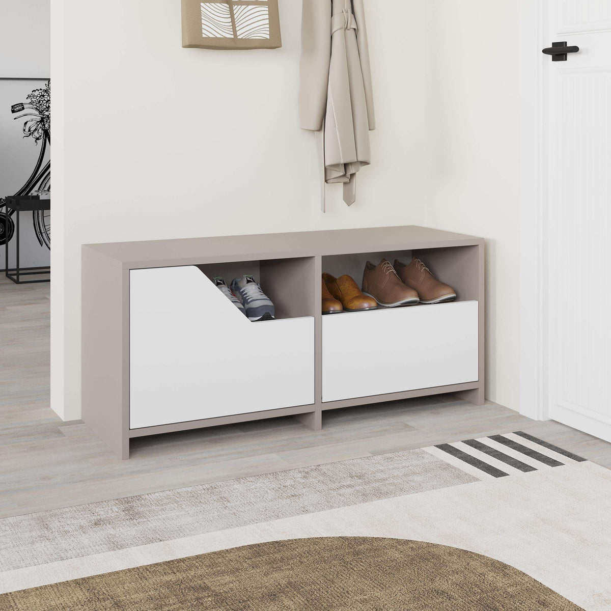 Shoe rack storage cabinet with two white drawers and open shoe cubbies, dark grey frame