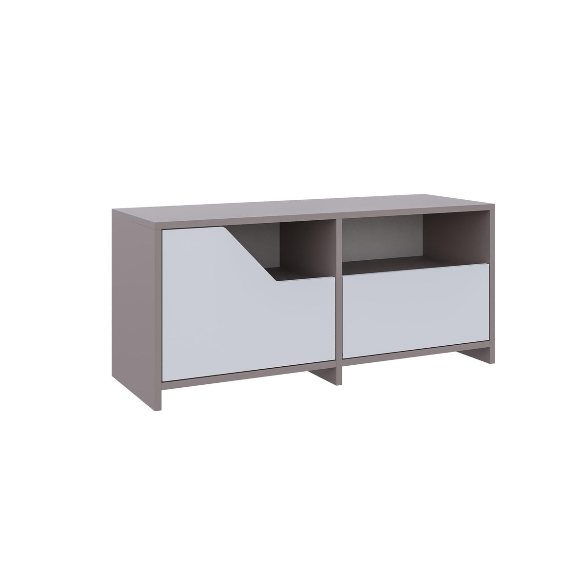 Shoe storage cabinet with white drawers and open cubbies, dark grey frame