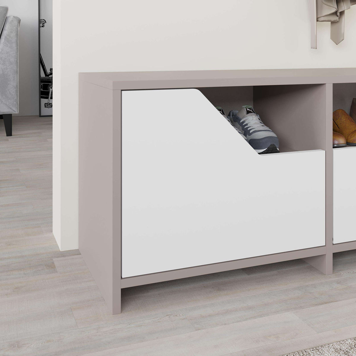 Shoe rack with open left drawer and dark grey frame, shoe cubby visible