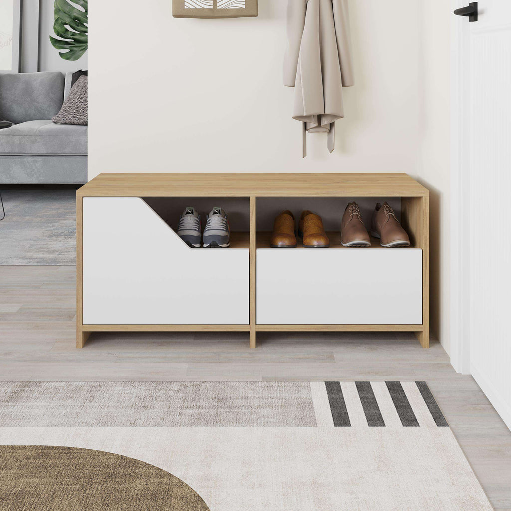 Light oak shoe rack with open compartments and two white storage drawers