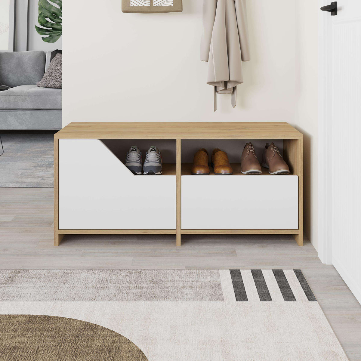Light oak shoe rack with open compartments and two white storage drawers