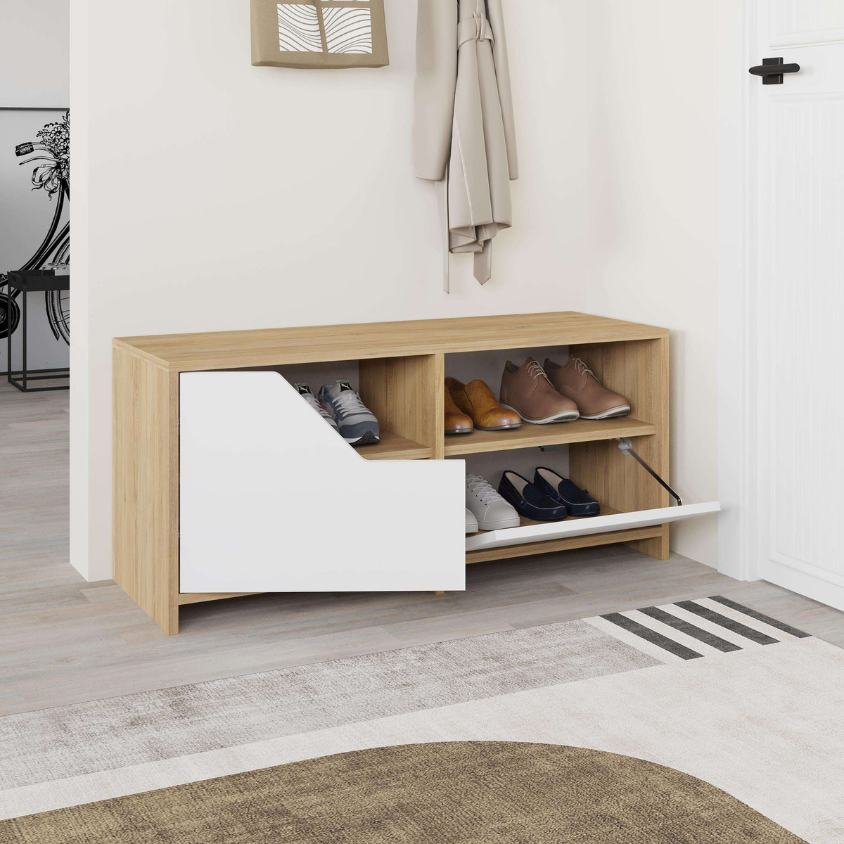 Light oak shoe rack with open shoe shelves and white drawer front, front view