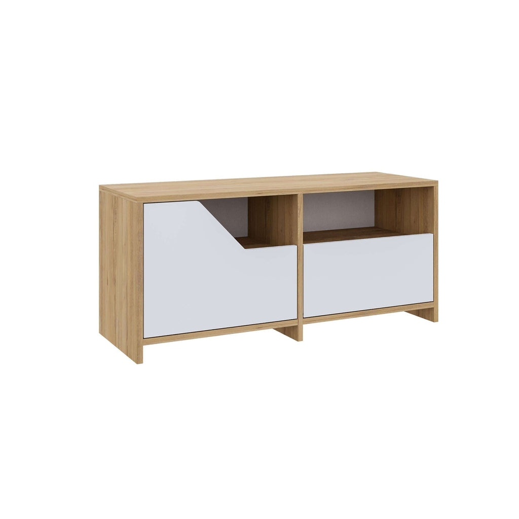 Shoe rack storage cabinet with light oak top and sides, white drawers and cubbies