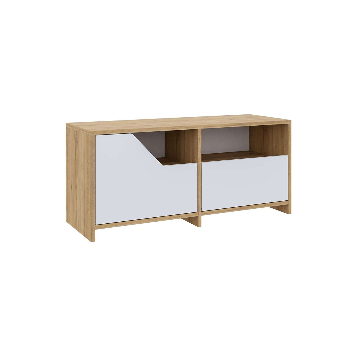 Shoe rack storage cabinet with light oak top and sides, white drawers and cubbies