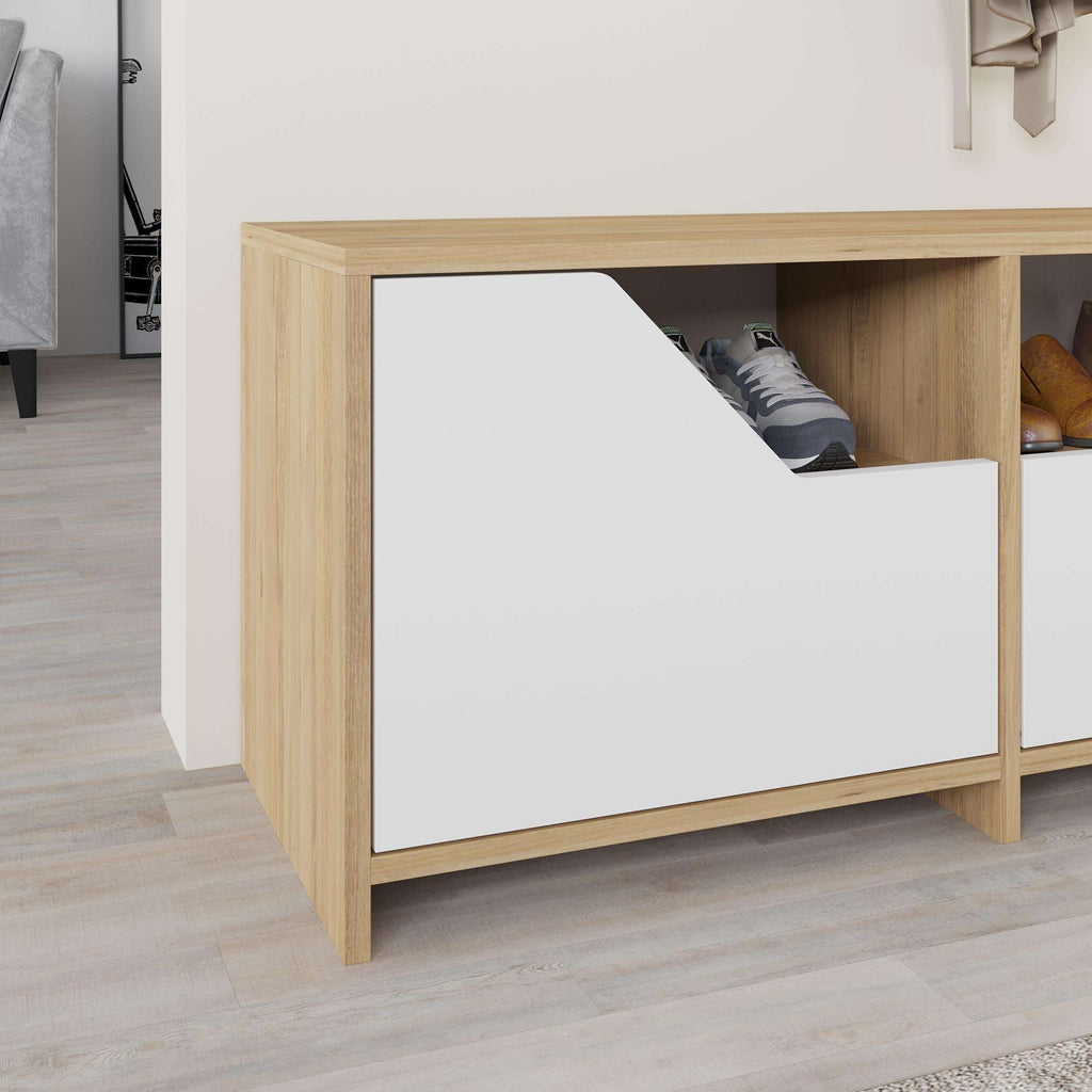Light oak shoe rack cabinet with white drawer front and open top shoe compartment