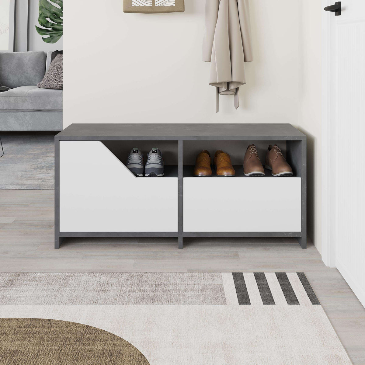 Retro gray shoe rack with open shelves and two-tone white storage drawers